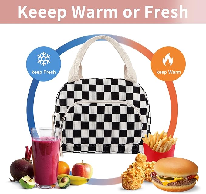 Lunch Bag Women Lunch Box for Women Adult Cute Insulated Lunch Bag Small Cooler Lunch Tote Bags for Work Picnic School (Black-White Plaid)
