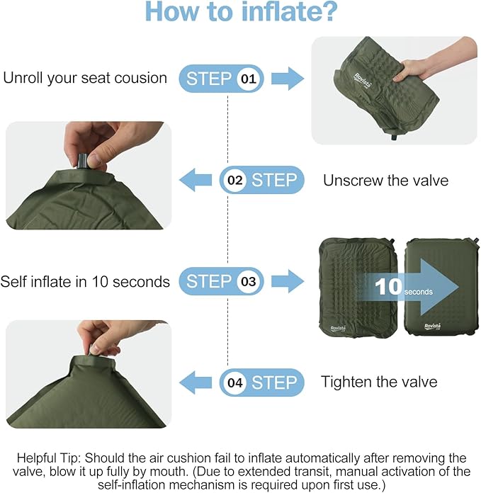 Self-Inflating Airplane Seat Cushion for Long Flights – Portable Travel Cushion Airplane Seat - Memory Foam Travel Seat Cushion Providing Pressure Relief (Olive Green, 15.7" x 11.8" x 2")