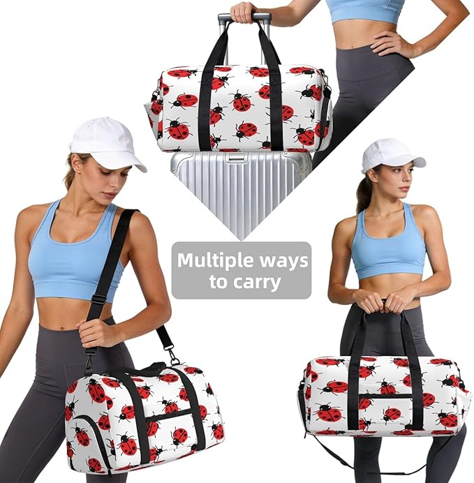 Sports Gym Bag Red Black Ladybugs Pattern Travel Duffel Bag With Shoe Compartment Shoulder Strap, Lightweight Water-Resistant Weekend Overnight Totes For Women Men