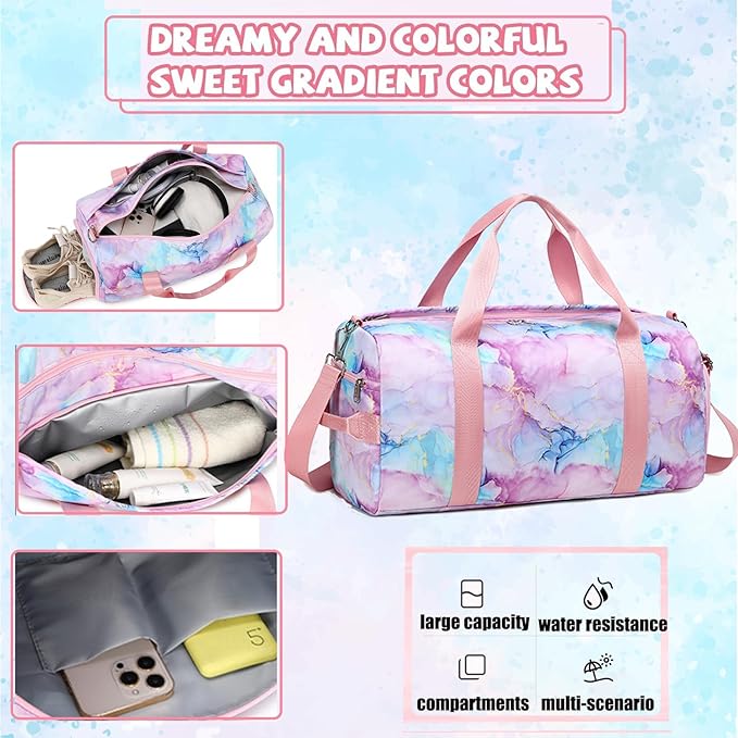 Dance Bag for Girls Gymnastics Ballet Bag Teens Gym Sports Bags Girls Overnight Sleepover Kids Duffle Bags with Shoe Compartments and Wet Pocket,Marble Pink