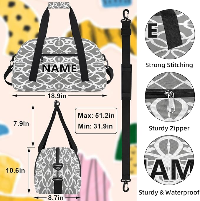 Grey and White Flowers Leaves Custom Small Gym Bag 18 inch for Women Men Personalized Geometric Leaf Floral Carry On Overnight Weekender Bag for Travel Work Dance Sport