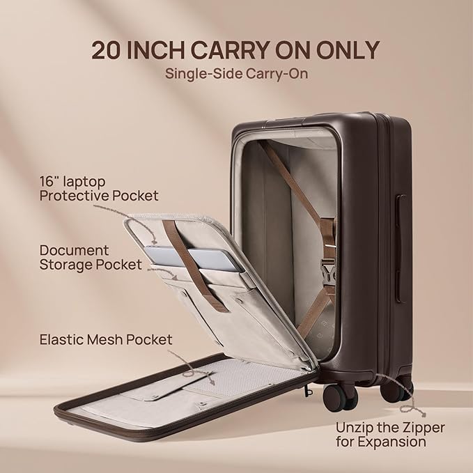 NINETYGO Carry On Luggage 22x14x9 Airline Approved, Top Opening 20 Inch Suitcase with Front Compartment, Expandable, Coffee-Infused PC Shell, Eco-Friendly, Cup Holder, TSA, Spinner Wheels (Latte)