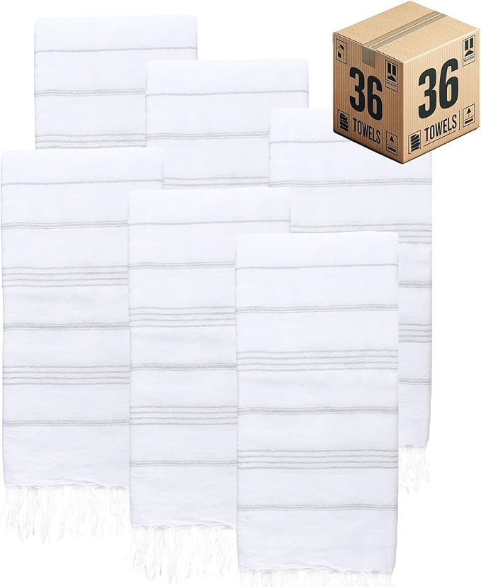 Turkish Beach Towels, Bulk Case of 36 | Oversized, Quick Dry, Sand Free | 100% Cotton, Large 38x71 Towels for Beach, Pool, Travel | Ultra-Soft, Compact, Absorbent | White
