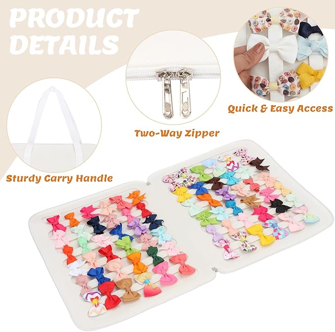 PACMAXI Baby Girl Hair Bow Organizer, Felt Hair Clips Storage Bag, Large Capacity with Handle, Portable Hanging Organizer for Travel & Home (White)
