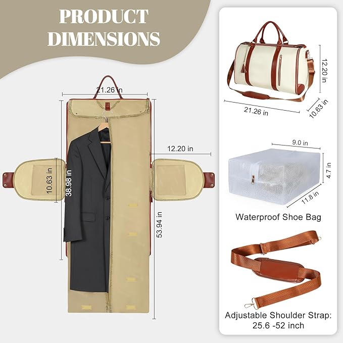 Geestock Garment Bag for Travel, Convertible Carry On Garment Duffle Bags for Women with Shoe Pouch & Detachable Shoulder Strap, Large PU Leather, 2 in 1 Hanging Suitcase Dress Suit Travel Bag, Beige