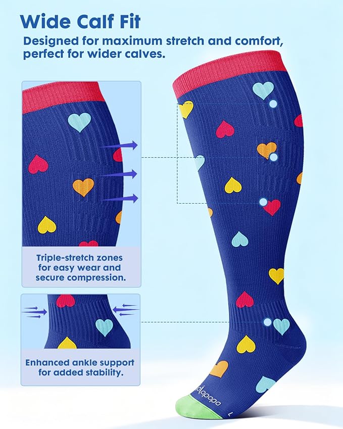 Wide Calf Compression Socks for Women - 3-Pair Plus Size 20-30mmHg Ankle Support Easy on off Socks for Travel Nurse