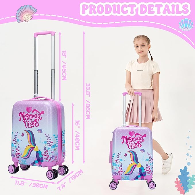 Kids Mermaid Suitcase Set for Boys Hardside Luggage with Spinner Wheels 5 Piece 16inch Toddler Suitcase for Boys Travel Carry on Luggage Airline Approved