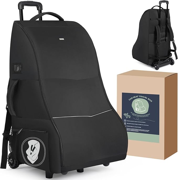Car Seat Travel Bag with Wheels for Airplane, Waterproof Padded Car Seat Carrier Backpack for Airport, Fits Infant & Convertible Seats， Black