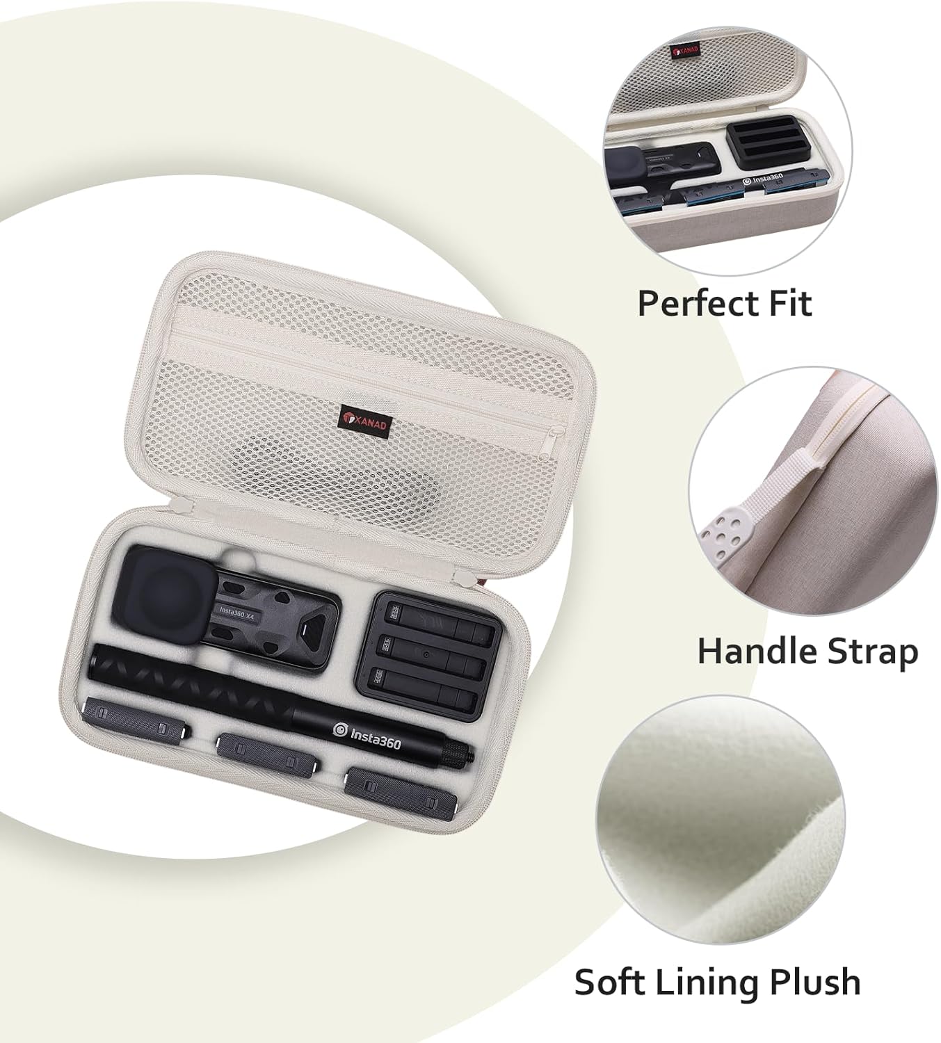 XANAD Hard Case for Insta360 X5/X4/X3/X2 Waterproof 8K 360 Action Camera,114CM Selfie Stick- Stroage Carrying Bag(Cream)