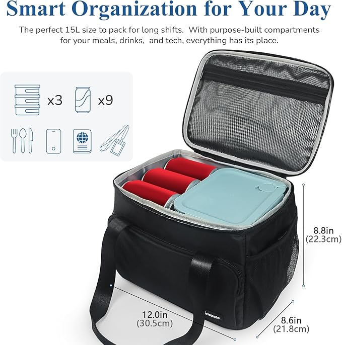 Gloppie Flight Crew Lunch Bag with Luggage Trolley Sleeve - Professional Insulated Cooler Bag for Flight Attendants & Pilots, Leakproof Lunch Box with Reinforced Structure for Travel & Work, Black XL