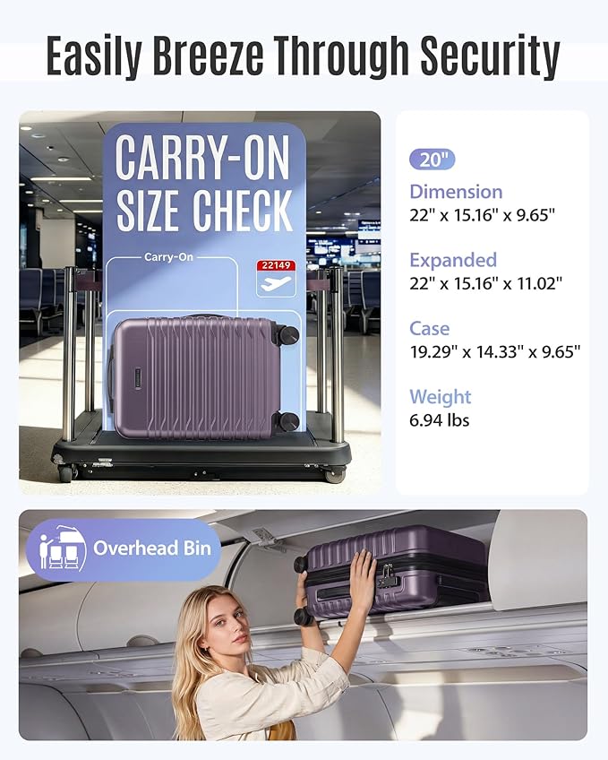 LIGHT FLIGHT Expandable Carry On Luggage 22x14x9 Airline Approved with Double Spinner Wheels, 20 Inch Lightweight Hard Shell Rolling Suitcases with TSA Lock, Purple
