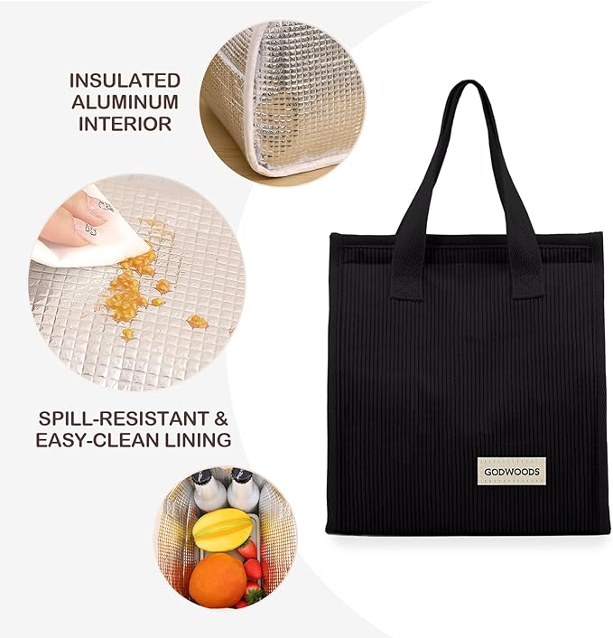 TELLUMO Corduroy Lunch Bag for Women Men Cute Lunch Bag Insulated Lunch Box with Large Capacity (7.5L) Reusable Lunchbag for Work, Picnic, Beach or Travel (S- Corduroy Black)