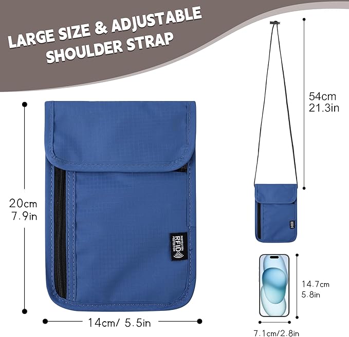 5.5" L x 7.9" W Travel Neck Wallet, RFID Blocking Passport Holder, Security Lightweight Passport Travel Wallet, Neck Pouch Gifts for Women Men(Blue)
