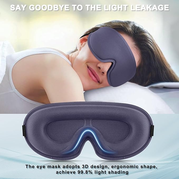 2 Pack Sleep Mask for Side Sleeper, Complete Light Blocking 3D Sleeping Eye Mask, Soft Breathable Eye Cover for Women Men, Travel, Nap, Relaxing Zero Pressure Night Blindfold (Black+Blue Grey)