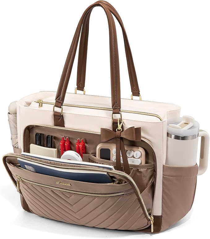 LOVEVOOK Laptop Tote Bag for Women, Work Bag Teacher Tote with Large Cup Holder, Quilted Nurse Diaper Bag for Travel, College Computer Women's handbags for Teacher gift, Khaki-beige-coffee, 15.6 Inch