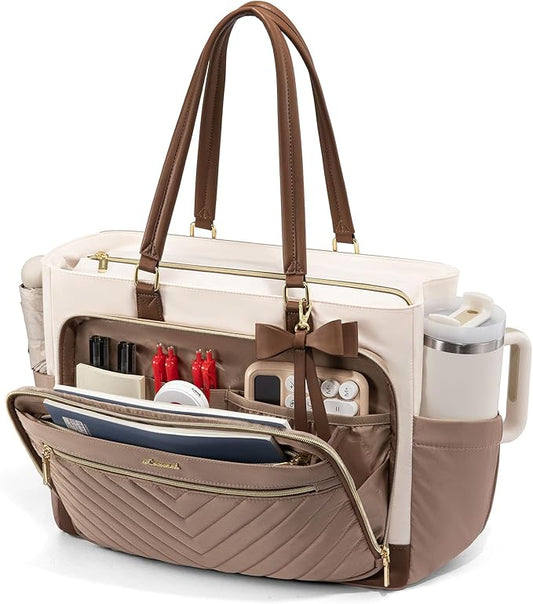 LOVEVOOK Laptop Tote Bag for Women, Work Bag Teacher Tote with Large Cup Holder, Quilted Nurse Diaper Bag for Travel, College Computer Women's handbags for Teacher gift, Khaki-beige-coffee, 15.6 Inch