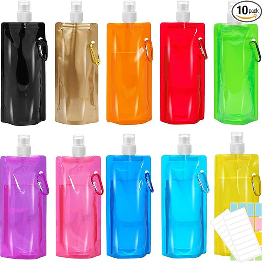 10 Pack Collapsible Water Bottles,Reusable Drinking Water Bags with Carabiner Clip,480ml Travel Water Bottle,Leak Proof Water Bottles for Camping,Hiking Travel,Gym,Sports,Biking,BPA Free