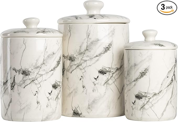 10 Strawberry Street Marble Ceramic Kitchen Canister Set, Set of 3, White/Black