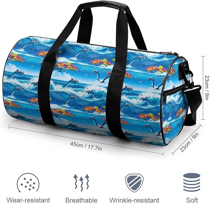 Basketball Football Weekender Bag Strong Waves Jumping Dolphin Great Ocean Wave Blue Carry on Beach Yoga Overnight Luggage Bag Sports Gym Bags for Men Women