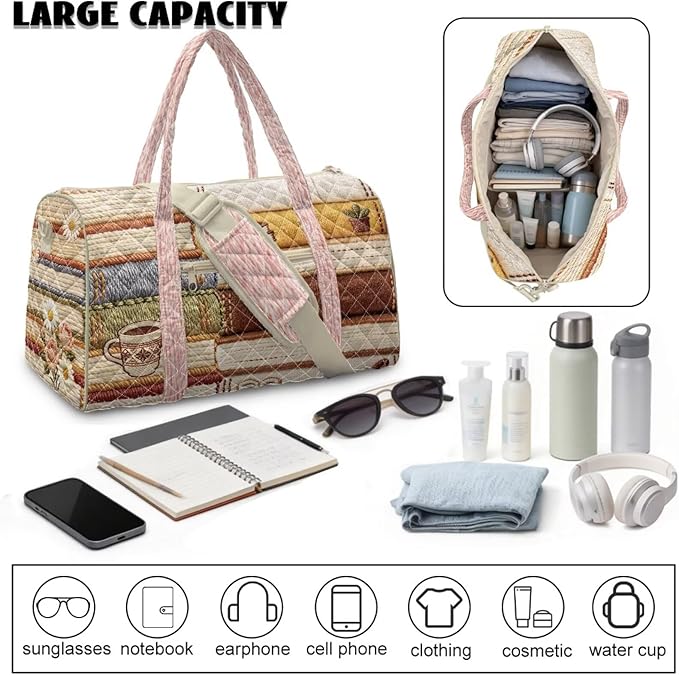 COEQINE Quilted Duffle Print Travel Gym Bag for Women Travel Book Themed Quilted Tote Bag For Womens Carry On Weekender Gym Bag&toiletry Bag,Purses for Woman