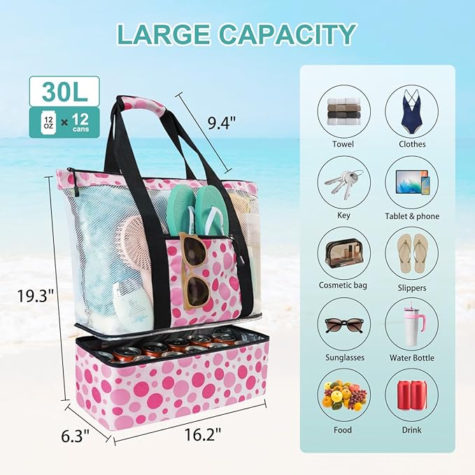 ASL Mesh Beach Bag with Cooler Compartment for Women, 2-in-1 Print Travel Tote 30L with Zipper and Pockets, Pool Picnic