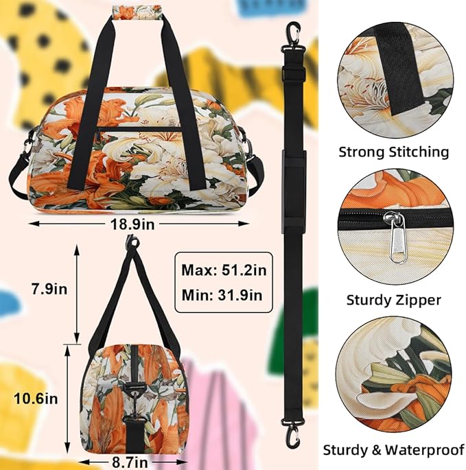 Travel Duffle Bag, Orange White Flowers Waterproof Weekender Overnight Bags for Women Men Lightweight Carry on Duffle Gym Bag for Travel, Sports, Fitness, Workout