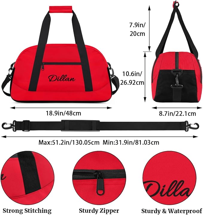 Personalize Kids Duffel Bag With Custom Name Text Carry-On Overnight Travel Gym Lightweight Dance Sports Bags For Boys Girls Kids/Red
