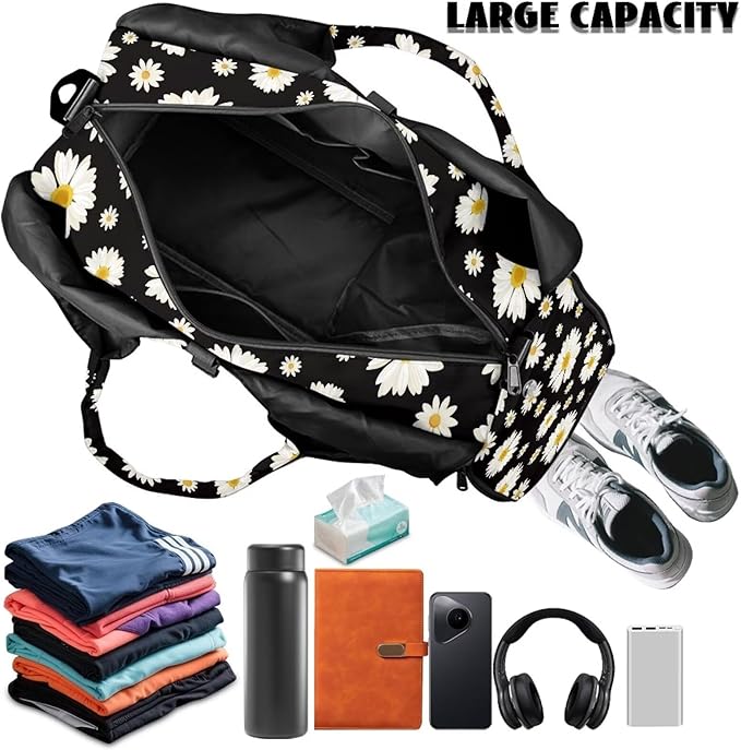Daisy Flower Sports Gym Duffle Bag with Shoes Compartment Large Personal Item Travel Bag Beach Swim Overnight Weekender Duffel Carry On Bags, Black