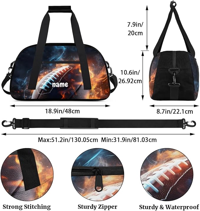 Personalized Boys Gym Bags, Custom Name Sport Bags for Training Travel Overnight Weekender Flame American Football