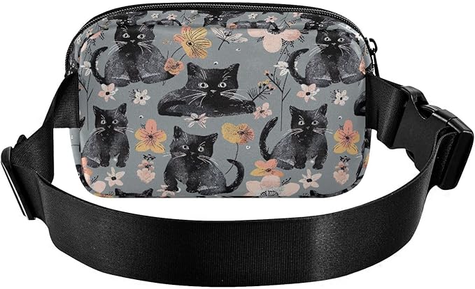Kawaii Black Kittens Flowers Fanny Pack for Women Men Water Resistant Fashion Waist Packs with Adjustable Strap Belt Bag for Travel Workout Jogging Hiking 21219385