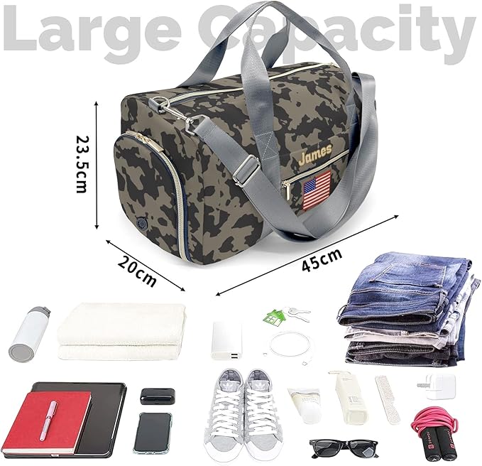 Personalized Tactical Gym Bag For Men，Custom Travel Duffel Bag with Name，Sports Workout Travel Bag with Shoes Compartment-Camouflage flag