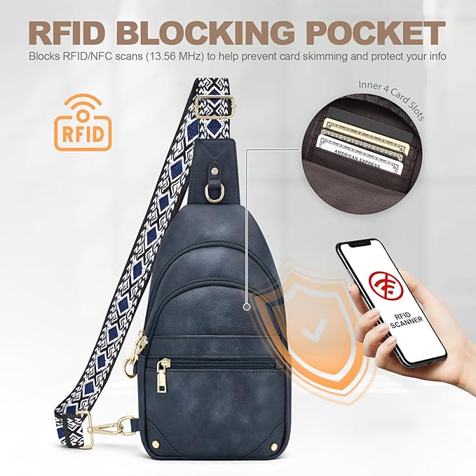 Anti Theft Crossbody Bags for Women, RFID Sling Bag Travel Purse, RFID Cross Body Purses Chest Bag for Travel Navy Blue