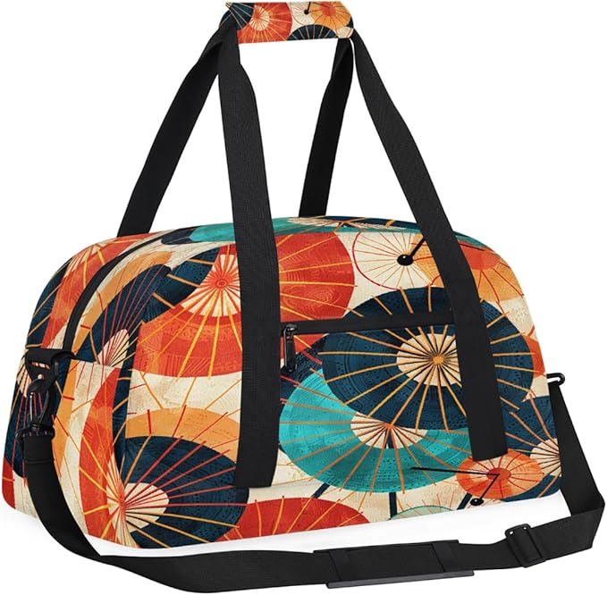 Duffle Bag for Women Men, Colorful Japanese Umbrella Print Gym Bag for Travel Sports, Lightweight Waterproof Weekender Overnight Bags with Adjustable Strap
