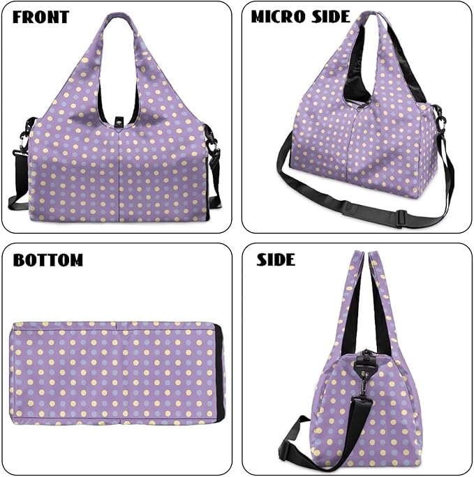 Purple Polka Dots Gym Bag for Women Mini Travel Duffel Bag for Airplane Overnight Hospital Workout Beach Swim Yoga Camping Organizer Lightweight Weekender Bag with Shoe Compartment