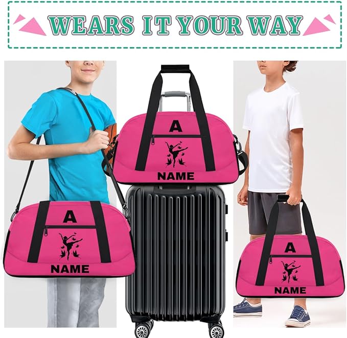 Personalize-Kids-Sports-Duffel-Bags With Custom Name Text Carry-On Overnight Travel Gym Lightweight Dance Pattern Sports Bags For Girls Boys Kids,Red 1