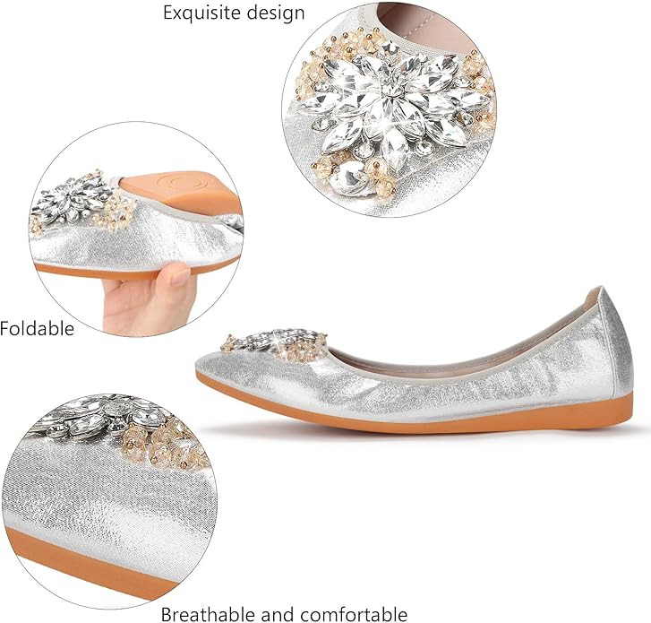 KUNWFNIX Women Ballet Flats Rhinestone Wedding Ballerina Shoes Foldable Sparkly Comfort Slip on Flat Shoes