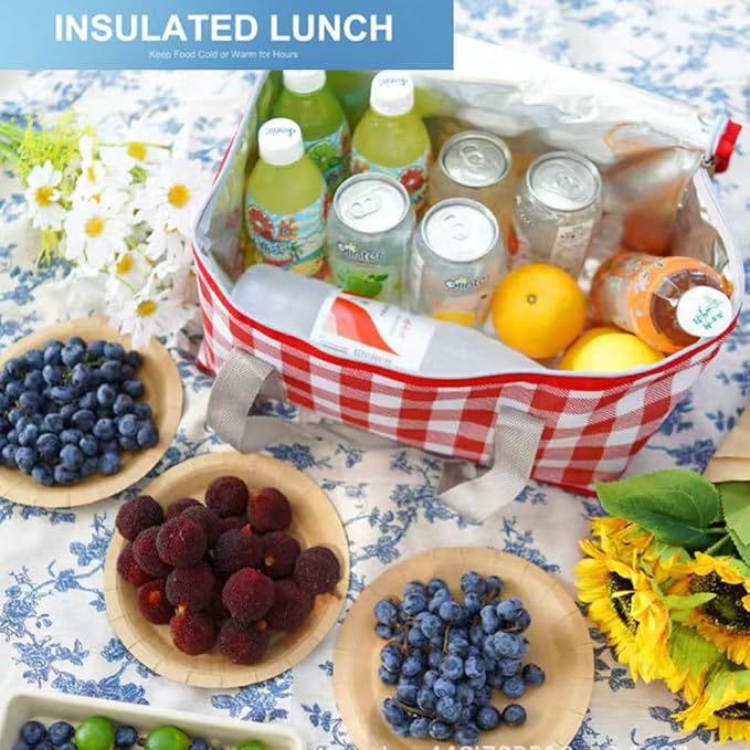 Insulated Picnic Bag Cooler Reusable, Beach Bag Cooler Bags with Zippered Top - Insulated Bag for Hot or Cold,Picnic Basket Collapsible, Picnic,Beach, Outdoor (13.8x7.9x7.9 in)