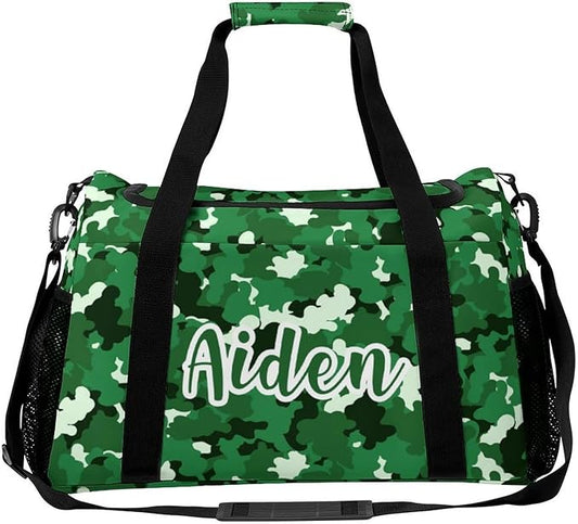 Camouflage Camo Green Pattern Duffle Bag for Men Women, Personalized Custom Name Text Crossbody Bags, Travel Sport Gym Perform Training Gym Bag
