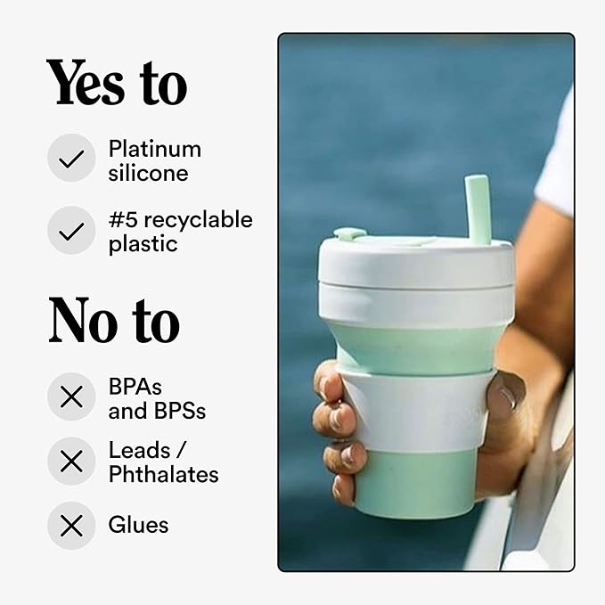 Stojo Collapsible Coffee Cup | Reusable To Go Pocket Size Travel Cup With Straw – Mint Green, 16oz
