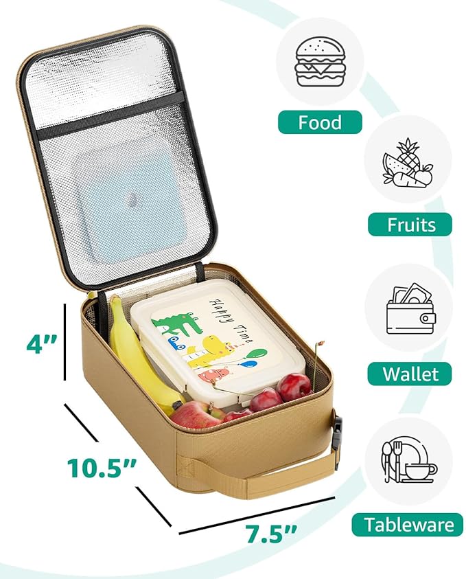 HowFly Small Lunch Bag - Insulated Lunch Box Bag for Women Men - Portable Thermal Reusable Meal Cooler Bags with Buckle Handle for Work School - Khaki