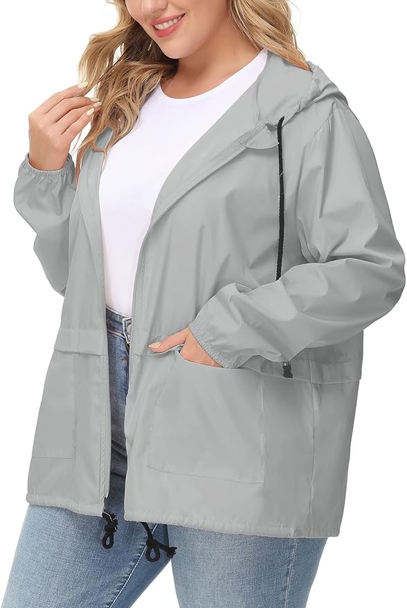 Avoogue Plus Size Raincoat Women Waterproof Rain Jacket Packable Outdoor Hooded Windbreaker