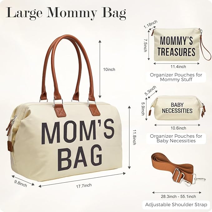 printe Diaper Bag Tote, Mom's Bag for Hospital, Large Capacity Waterproof Baby Mom Travel, Hospital Tote for Labor and Delivery with Baby Necessities, Creamy White