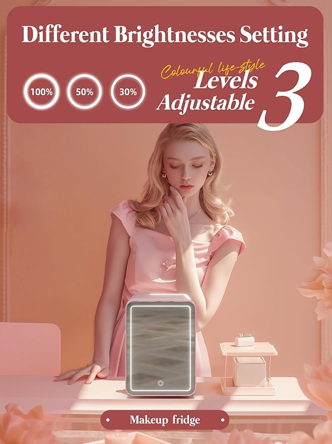BOGDA Mini Skincare Fridge (4 Liter/6 Can) with Dimmable LED Light Mirror, Cooler and Warmer for Refrigerating Make Up, Skin Care and Food, Portable Mini Fridge for Bedroom, Office and Car, Pink