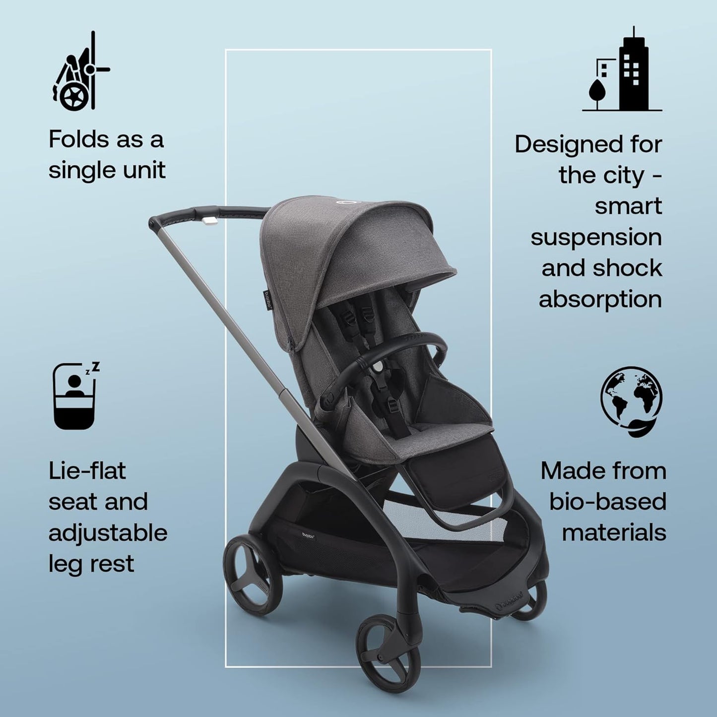 Bugaboo Dragonfly City Stroller, Lightweight Compact Baby Stroller with One Hand Easy Fold in Any Position, Full Suspension, XL Underseat Basket, Graphite Chassis and Grey Melange Sun Canopy