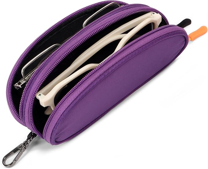 Double Eyeglasses Case Soft Portable Zipper Sunglasses Pouch with Keychain Clip for Men Women