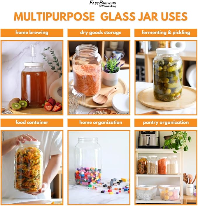 FastRack 8 pack One Gallon Wide Mouth Jar with 10 White Metal Airtight Lids | Glass Canisters with Airtight Lids | Large Mouth Glass Jar with Fermentation Lid for brewing, fermentation and pickling