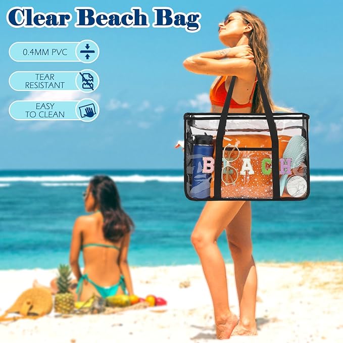 Clear Beach Bag for Women, Large Pool Tote Cruise Vacation Essentials - Zipper Closure, Waterproof, Sandproof