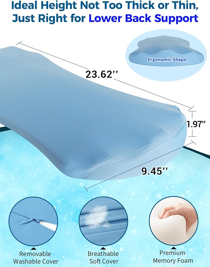 Lumbar Support Pillow for Bed – Memory Foam Lower Back Pain Relief Pillow for Sleeping, Ergonomic Lumbar Pillow for Side & Back Sleepers, Sciatica & Hip Pain Relief, Washable Cooling Cover