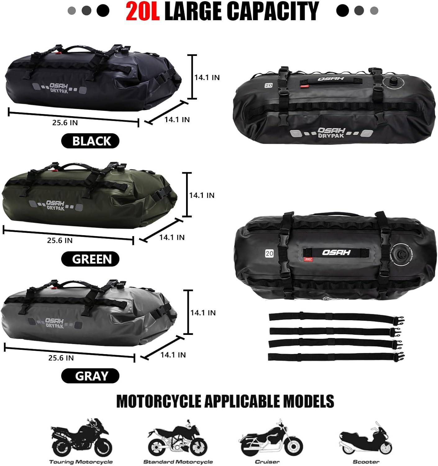 Waterproof Duffel& Luggage Bag - Motorcycle Dry Bag Tail Saddle Bags with Roll Top Closure,Large Storage Space,for Camping, Kayaking, Fishing & Traveling(Black, 20L)