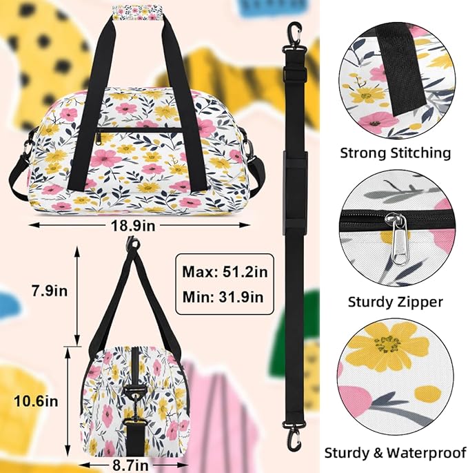 Gym Bag for Women Men, Pink Yellow Floral Travel Duffle Bags for Dance Ballet Overnight, Carry-On Weekender Bag with Detachable Shoulder Strap